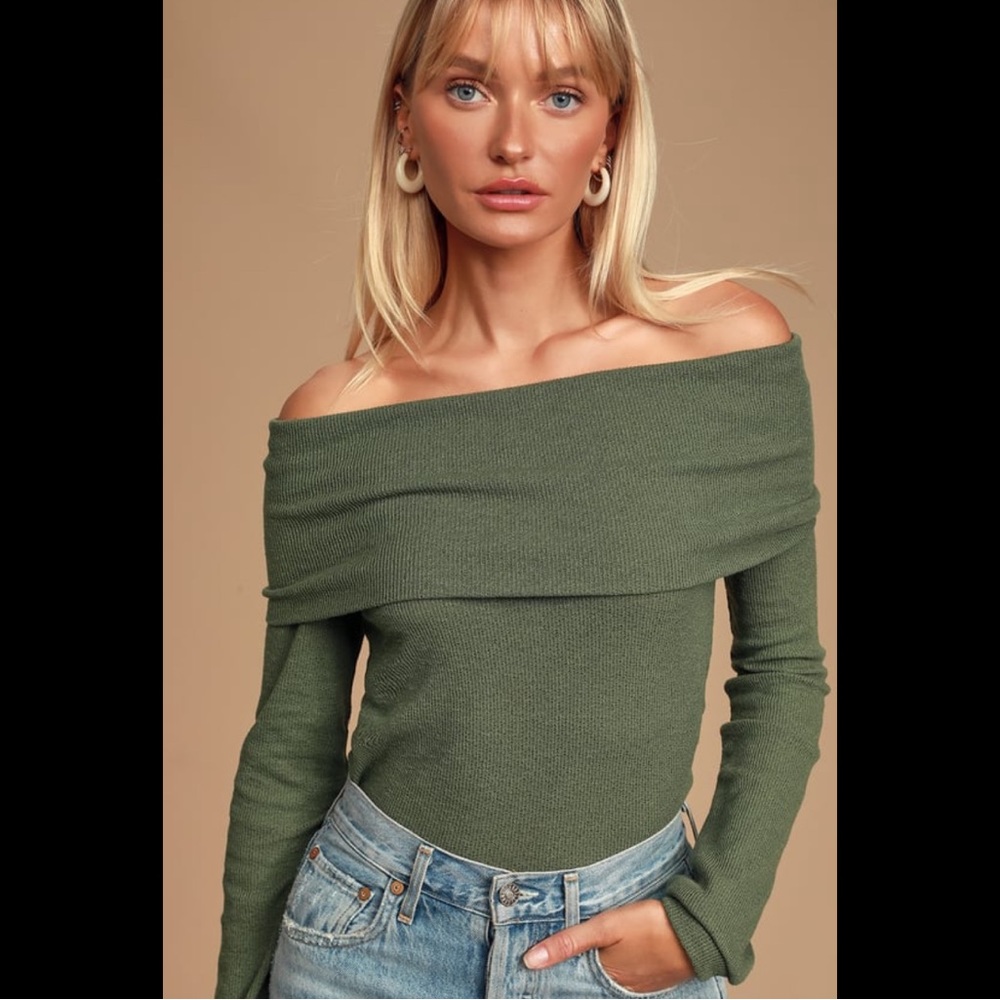 Olive Green Off-the-Shoulder Knit Sweater Top